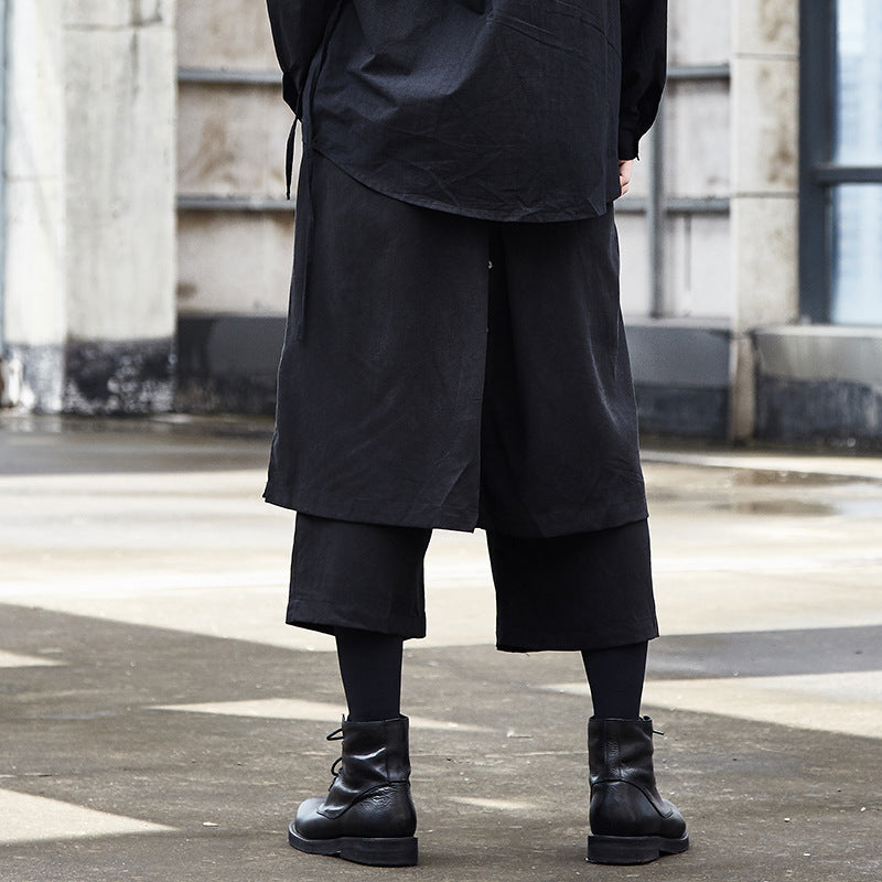 Dark Series Streetwear Fashion Hakama Patchwork Creative Cropped Trousers Men Oversized Couple Straight Casual Pants