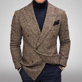 Men's Blazers Slim Fit Plaid Suits Jackets Male Long Sleeve Double-breasted Outerwear Business Casual Coats