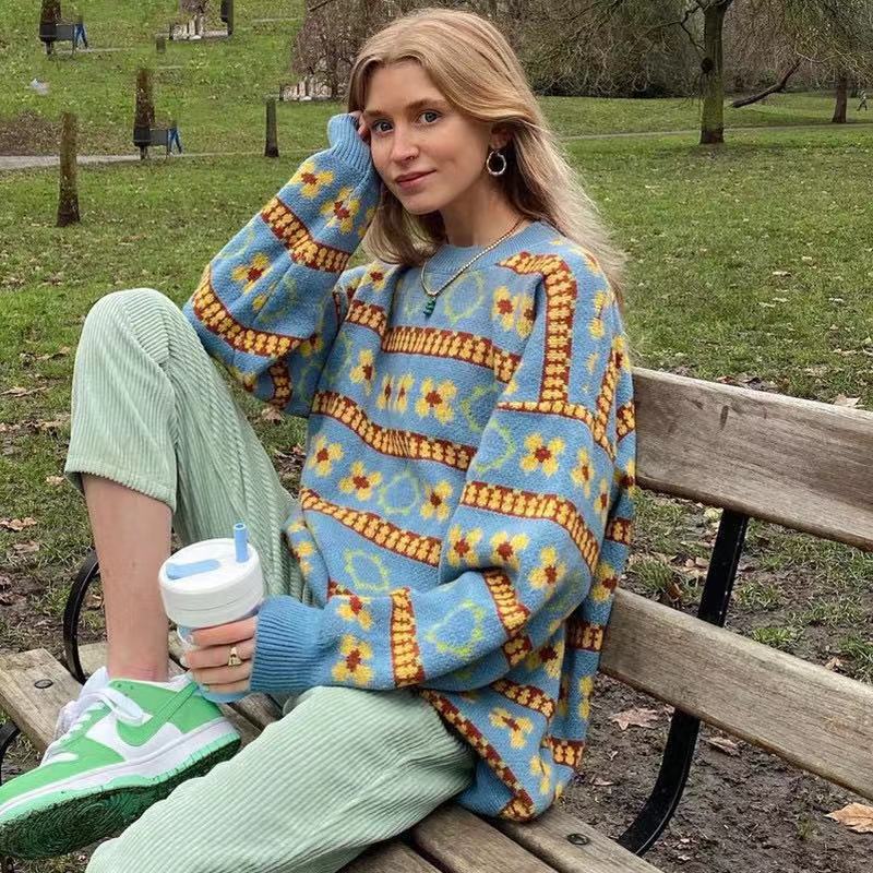 Vintage Stripe Knitwear Top Women's Long-sleeved Vintage Sweater